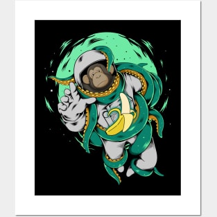 Space Monkey Astronaut Chasing Banana Posters and Art